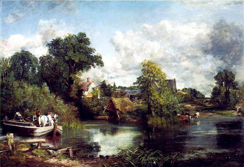 Bílý kůň od Johna Constabla, 1819 – bílý kůň na pramici na řece Stour mezi stromy a loukami