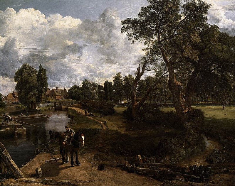 Flatfordský mlýn od Johna Constabla, 1816–1817 – chlapec na koni u řeky Stour, vlečná cesta a stromy pod oblačnou oblohou