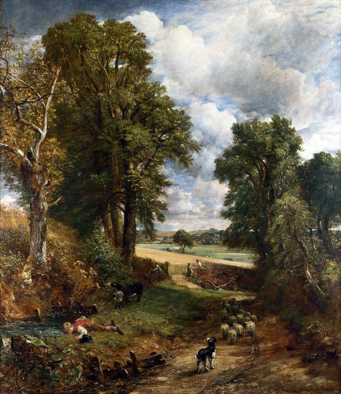 Obilné pole od Johna Constabla, 1826 – chlapec pije z potoka u cesty mezi stromy, v pozadí zlaté obilí