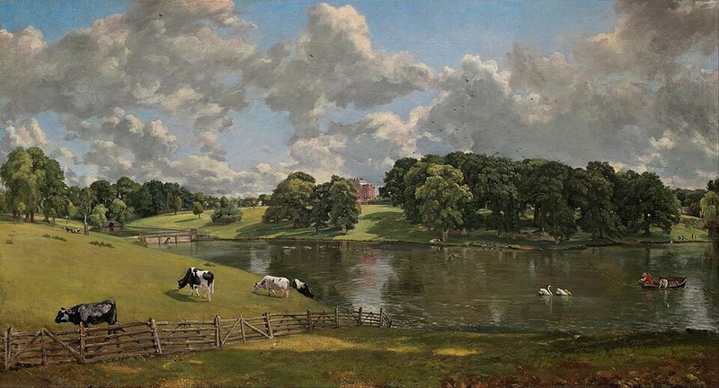 Wivenhoe Park od Johna Constabla, 1816 – panské sídlo za jezerem s labutěmi a krávami na louce
