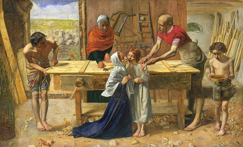 Kristus v domě svých rodičů od Johna Everetta Millaise, 1849–1850 – chlapec v tesařské dílně ukazuje poraněnou dlaň, kolem stojí rodina
