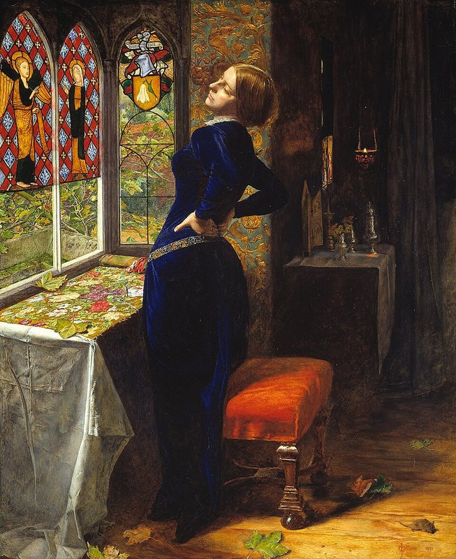 Mariana od Johna Everetta Millaise, 1851 – žena v modrých šatech se protahuje u okna s barevnou vitráží