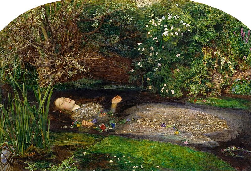 Ofélie od Johna Everetta Millaise, 1851–1852 – mladá žena v šatech plyne na zádech po potoce mezi květinami a zelení