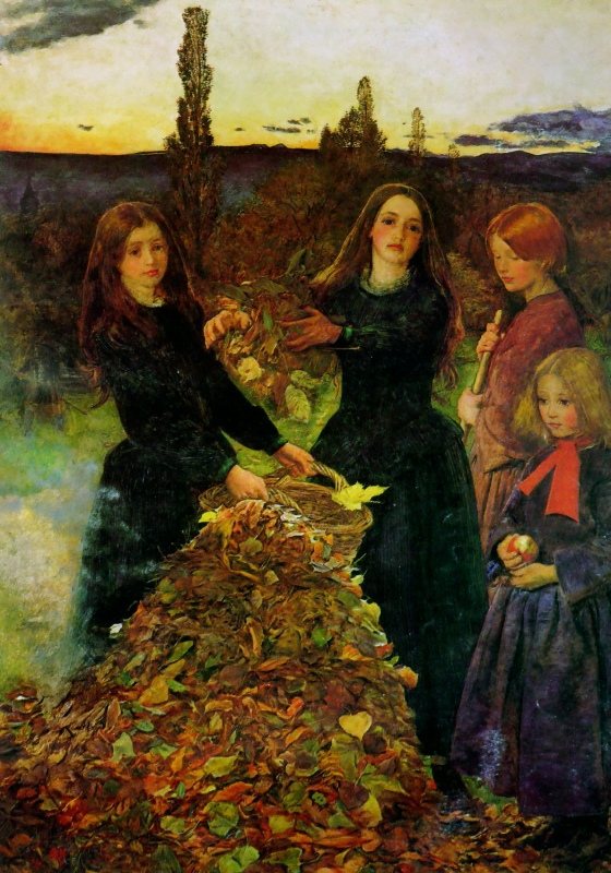 Podzimní listí od Johna Everetta Millaise, 1856 – čtyři dívky shrabují listí do hromady za soumraku