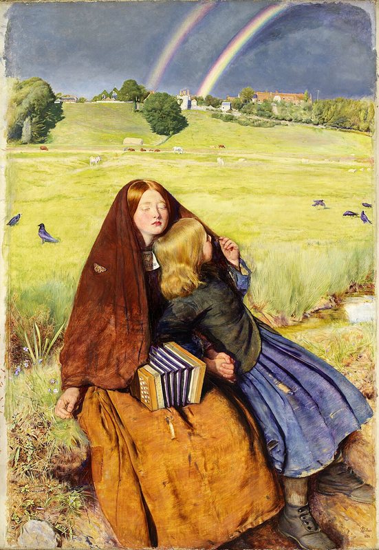 Slepá dívka od Johna Everetta Millaise, 1854–1856 – dvě dívky sedí na okraji louky, za nimi dvojitá duha