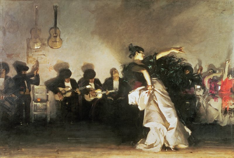 El Jaleo od Johna Singera Sargenta, 1882 – španělská tanečnice v bílé sukni tančí před řadou kytaristů u zdi