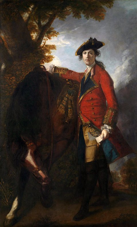 Kapitán Robert Orme od Joshuy Reynoldse, 1756 – důstojník v červeném kabátě s třírohým kloboukem stojí u koně před bouřlivou oblohou