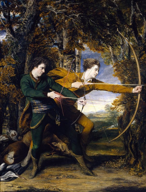 Lukostřelci od Joshuy Reynoldse, 1769 – dva mladí muži v lese, jeden napíná luk, u nohou mají ulovenou zvěř