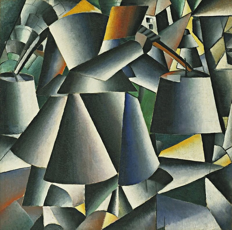 Žena s vědry od Kazimira Maleviče, 1912–1913 – postava rozložená do lesklých šedých válců a kuželů