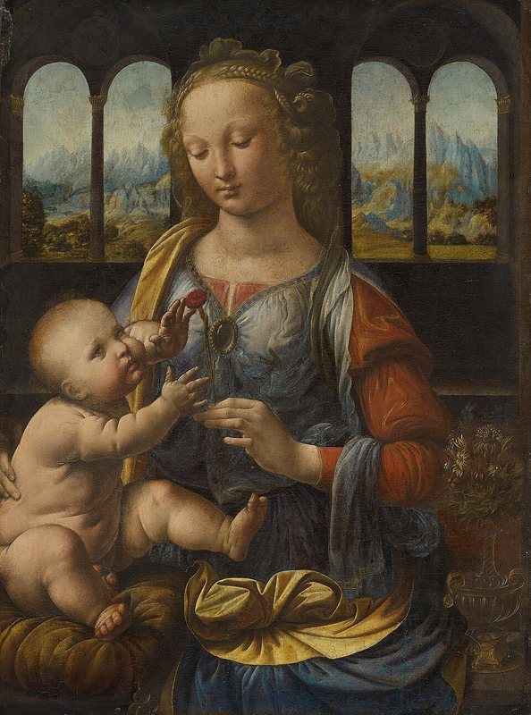 Madona s karafiátem od Leonarda da Vinci, kolem 1475 – Panna Marie podává dítěti červený karafiát, v pozadí okna s horskou krajinou