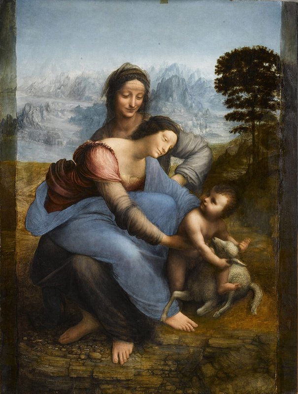 Svatá Anna samotřetí od Leonarda da Vinci – svatá Anna, Panna Marie a malý Ježíš s beránkem v krajině