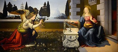 Zvěstování od Leonarda da Vinci, kolem 1472 – anděl klečí před Pannou Marií v zahradě, malý náhled