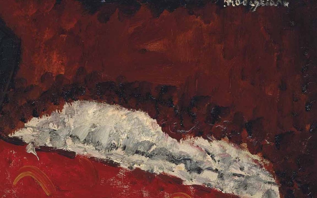 Detail Ležícího aktu: bílá pruhovaná látka na rudém pozadí a podpis Modigliani v rohu