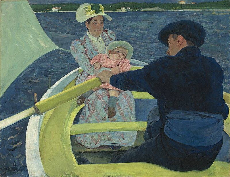 Projížďka na lodi od Mary Cassatt, 1893–1894 – muž v tmavém oblečení vesluje, naproti sedí žena s malým dítětem na klíně