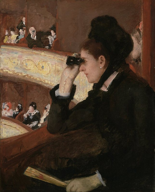 V lóži od Mary Cassatt, 1878 – žena v černém sleduje divadelním kukátkem představení, z protější lóže ji pozoruje muž