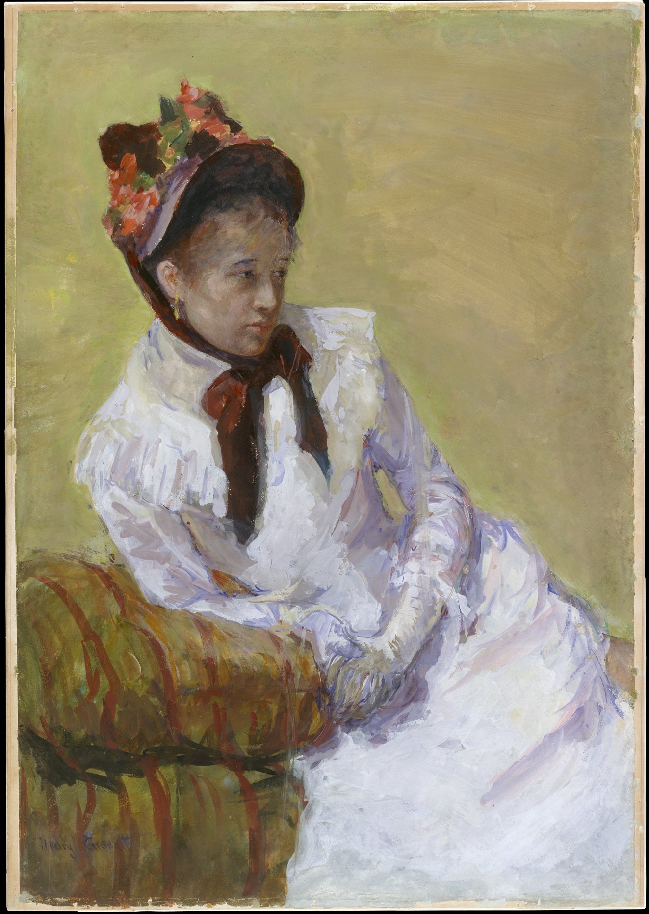 Autoportrét Mary Cassatt z roku 1878 – žena v bílých šatech a klobouku s květinami sedí v křesle na zelenkavém pozadí