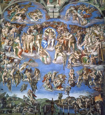 Poslední soud od Michelangela, 1536–1541 – Kristus uprostřed kruhu světců, dole vstávající mrtví a zatracení, malý náhled