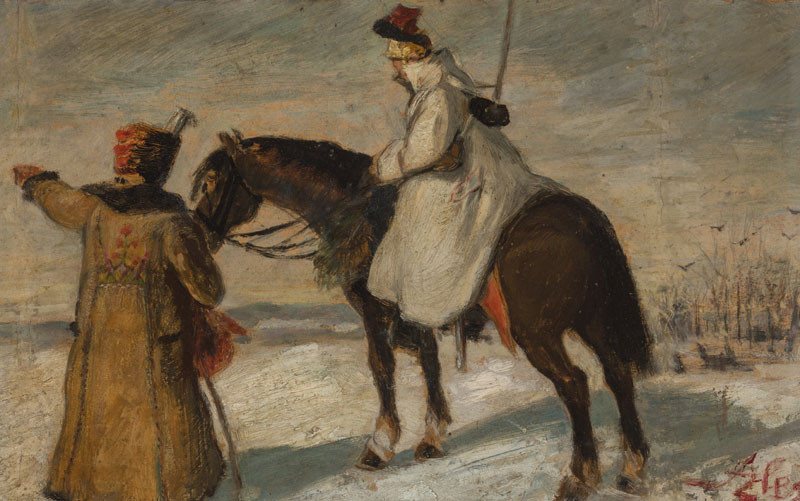Hulán a sedlák od Mikoláše Alše, 1879 – hulán v bílém kabátě na koni a sedlák v dlouhém kabátě v zasněžené krajině