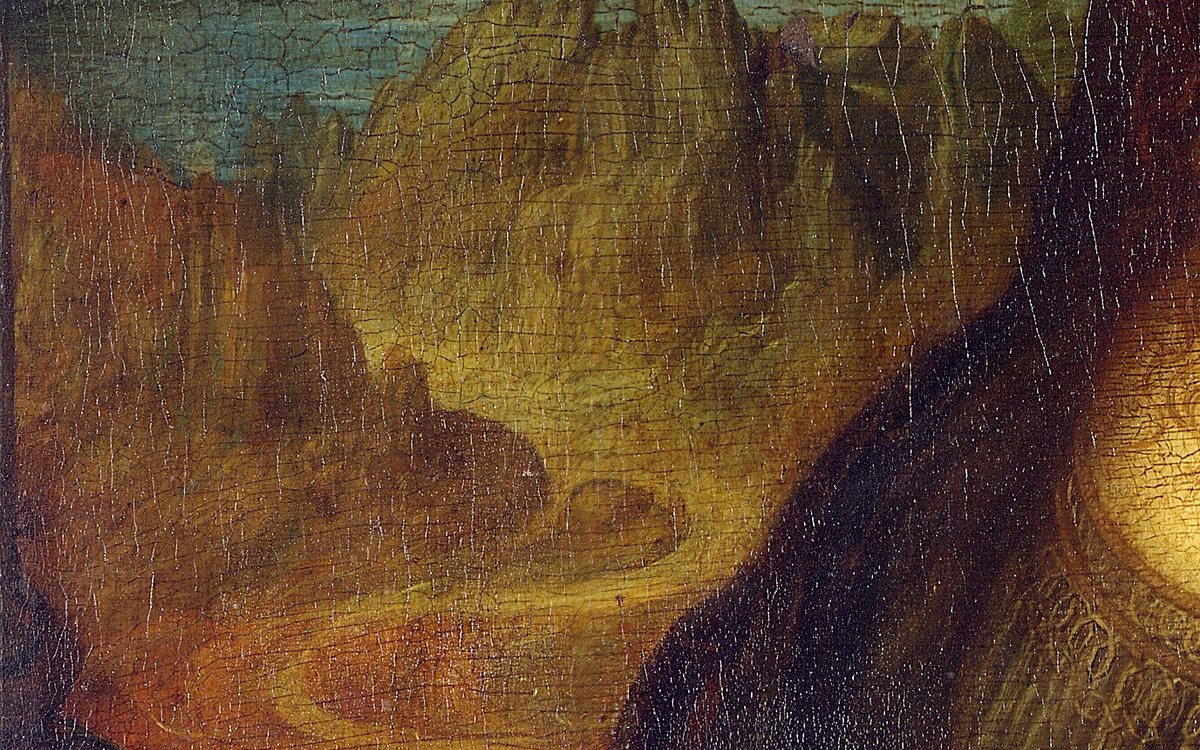 Detail Mony Lisy: krajina vlevo s klikatou cestou mezi skalami