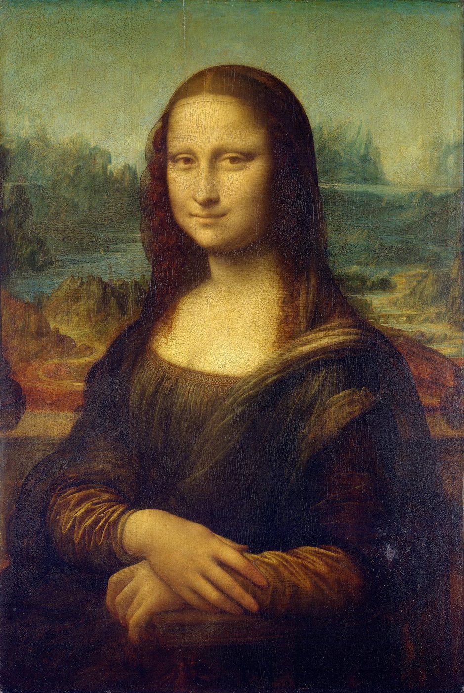 Mona Lisa od Leonarda da Vinci, 1503–1519 – žena v tmavých šatech se založenýma rukama a jemným úsměvem před horskou krajinou