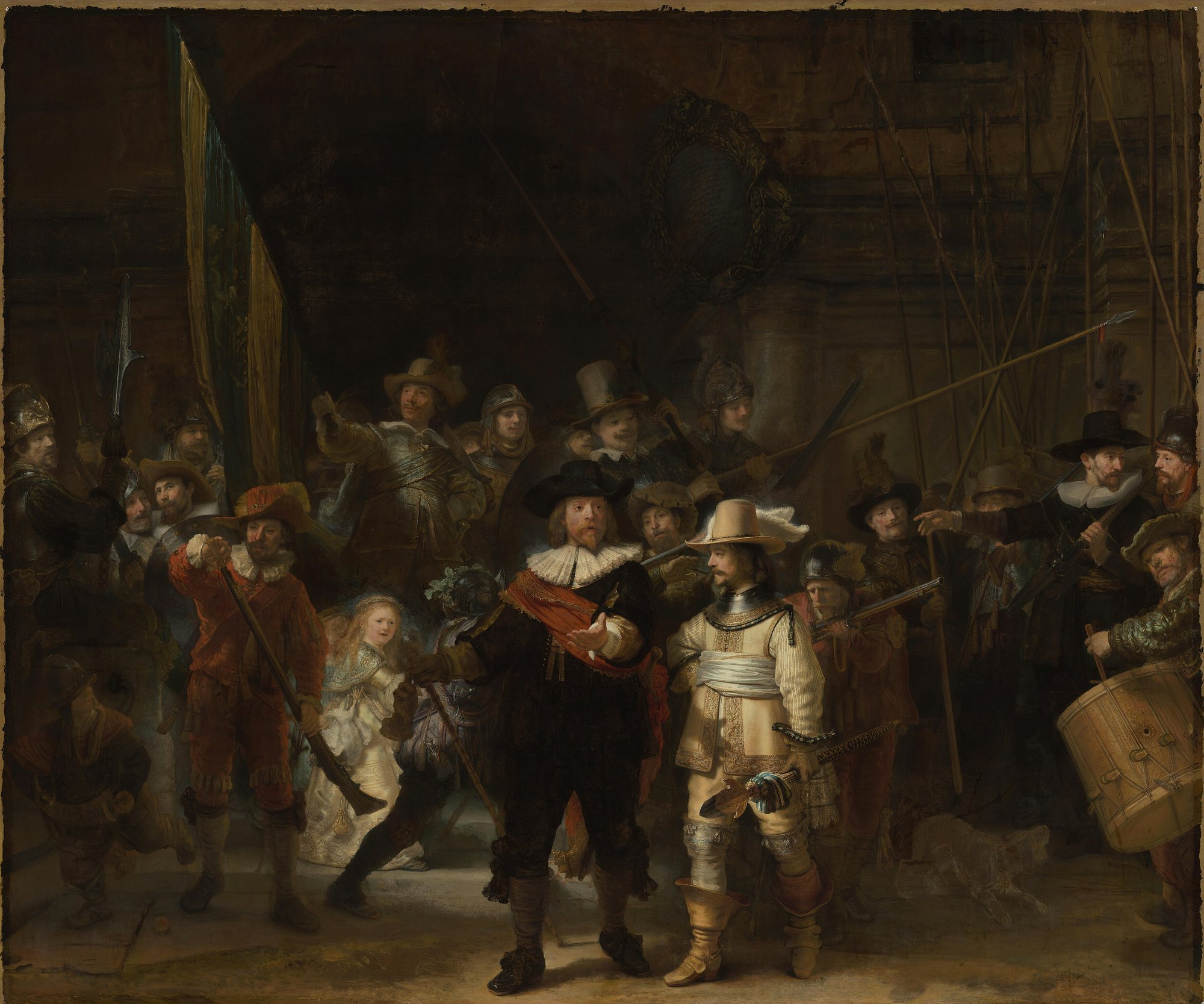 Noční hlídka od Rembrandta van Rijn, 1642 – kapitán v černém a poručík ve světlém oblečení vykračují vpřed, kolem nich střelci s mušketami, praporem a bubnem
