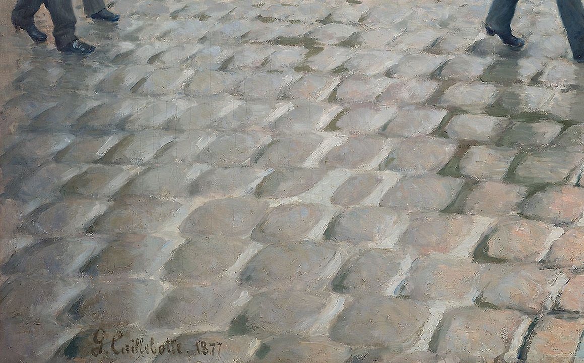 Detail obrazu Pařížská ulice, deštivý den: lesklé mokré dlažební kostky a podpis G. Caillebotte 1877 v levém dolním rohu