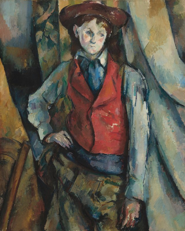 Chlapec v červené vestě od Paula Cézanna, 1888–1890 – mladík v červené vestě stojí s rukou v bok