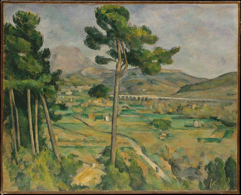 Hora Sainte-Victoire a viadukt v údolí řeky Arc od Paula Cézanna, 1882–1885 – údolí s viaduktem, vysoká borovice a modrá hora v dálce