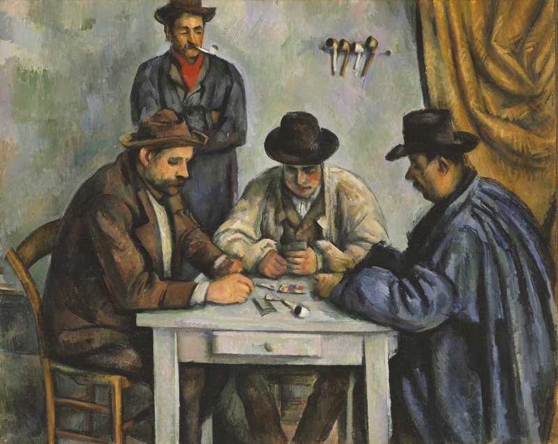 Hráči karet od Paula Cézanna, 1890–1892 – tři muži hrají karty u stolu, čtvrtý stojí s dýmkou za nimi