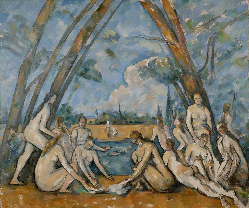 Velké koupání od Paula Cézanna, 1898–1906 – skupiny nahých žen u vody pod klenbou ze stromů