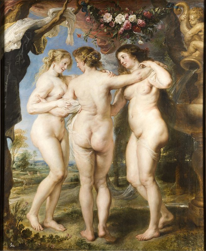 Tři Grácie od Petera Paula Rubense, 1630–1635 – tři nahé ženy se objímají v krajině pod girlandou květin