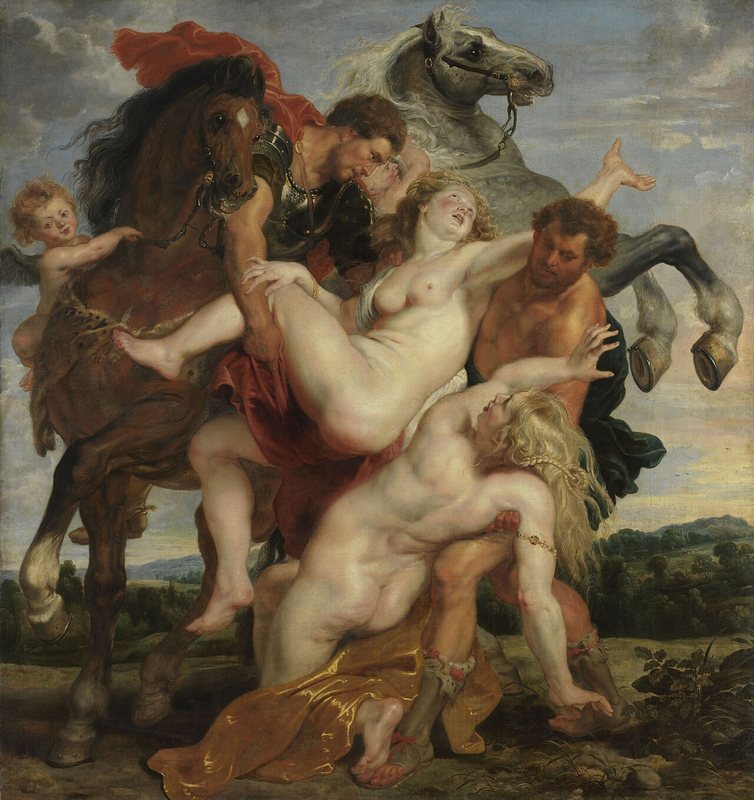 Únos dcer Leukippových od Petera Paula Rubense, kolem 1618 – dva jezdci zvedají dvě nahé ženy na vzpínající se koně