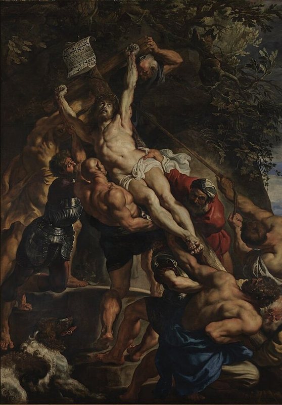 Vztyčení kříže od Petera Paula Rubense, 1610–1611 – svalnatí muži zvedají těžký kříž s Kristem šikmo vzhůru