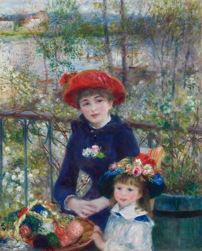Dvě sestry (Na terase) od Pierre-Augusta Renoira, 1881 – mladá žena v červeném klobouku a holčička s košíkem na terase nad řekou