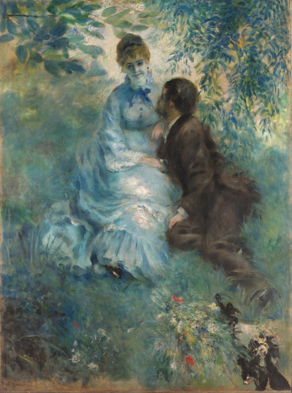 Milenci od Pierre-Augusta Renoira, 1875 – dvojice v trávě pod stromy, žena ve světlých šatech a muž v tmavém obleku