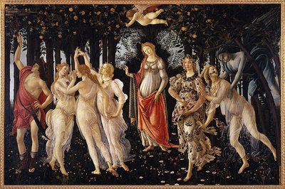 Primavera od Sandra Botticelliho, kolem 1480 – Venuše, tři Grácie a další mytologické postavy v pomerančovém háji, malý náhled