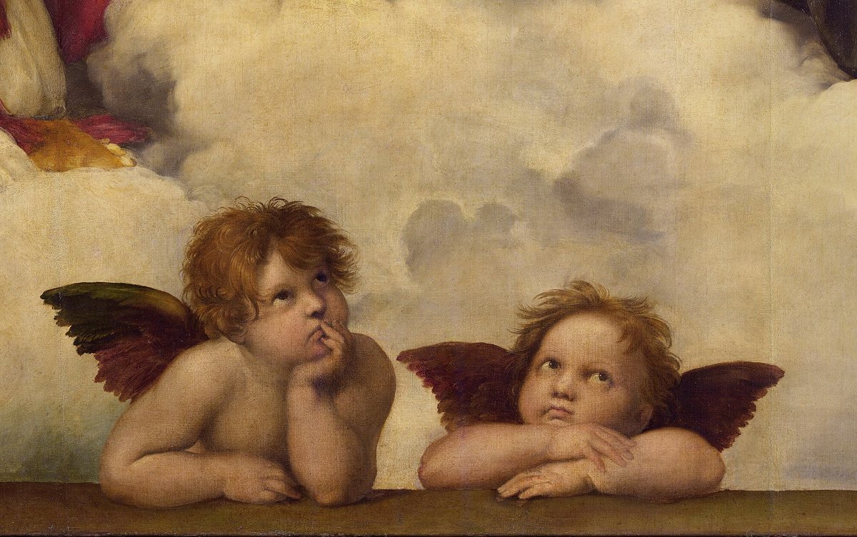 Detail Sixtinské madony: dva okřídlení andílci opření lokty o římsu se dívají vzhůru