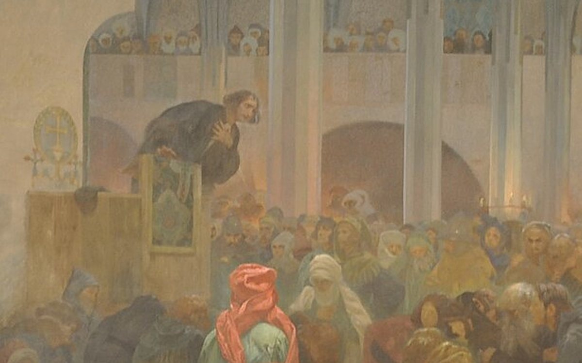 Detail Slovanské epopeje: Jan Hus na kazatelně nad zaplněnou gotickou kaplí