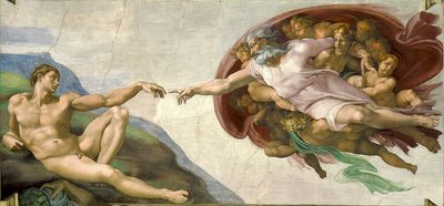 Stvoření Adama od Michelangela, kolem 1511 – nahý Adam leží na svahu vlevo a natahuje ruku k Bohu, kterého nesou andělé, jejich prsty se téměř dotýkají, malý náhled