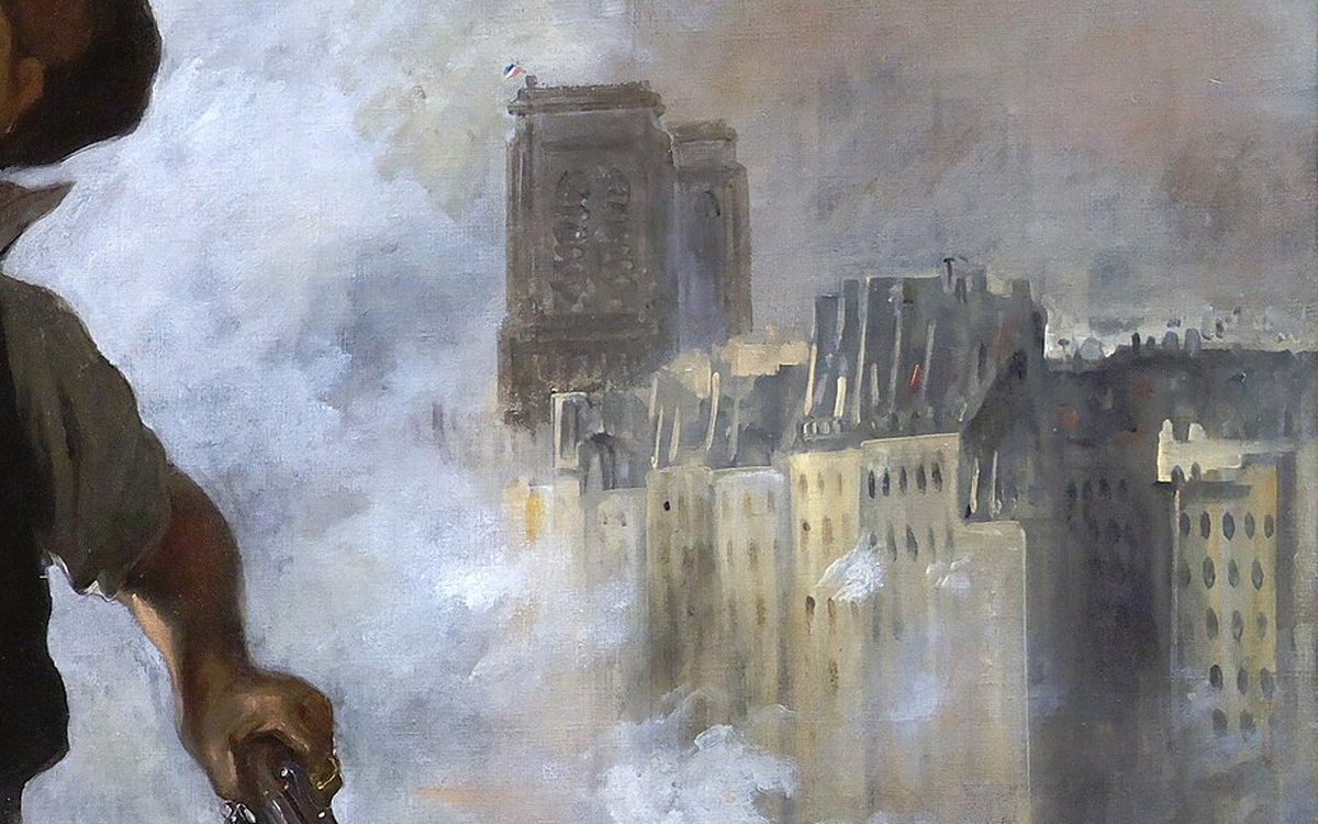 Detail obrazu Svoboda vede lid: domy a věže katedrály Notre-Dame v kouři