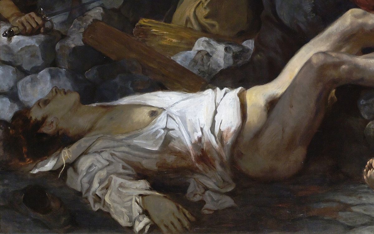 Detail obrazu Svoboda vede lid: mrtvý muž bez kalhot leží na dlažebních kostkách