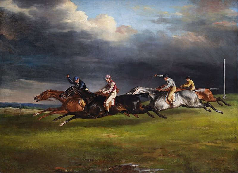Derby v Epsomu od Théodora Géricaulta, 1821 – čtyři žokejové na koních v plném trysku pod tmavou bouřkovou oblohou