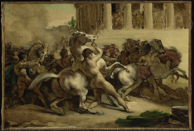 Dostih koní bez jezdců od Théodora Géricaulta, 1817 – muži drží vzpínající se koně před startem dostihu v Římě
