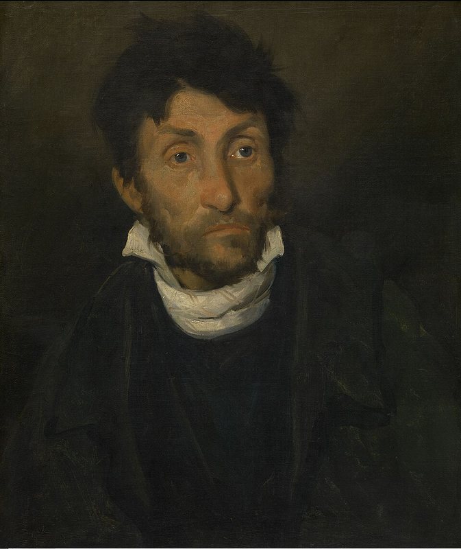 Kleptoman od Théodora Géricaulta, kolem 1820–1824 – muž s rozcuchanými vlasy a strništěm, krk ovinutý bílým šátkem