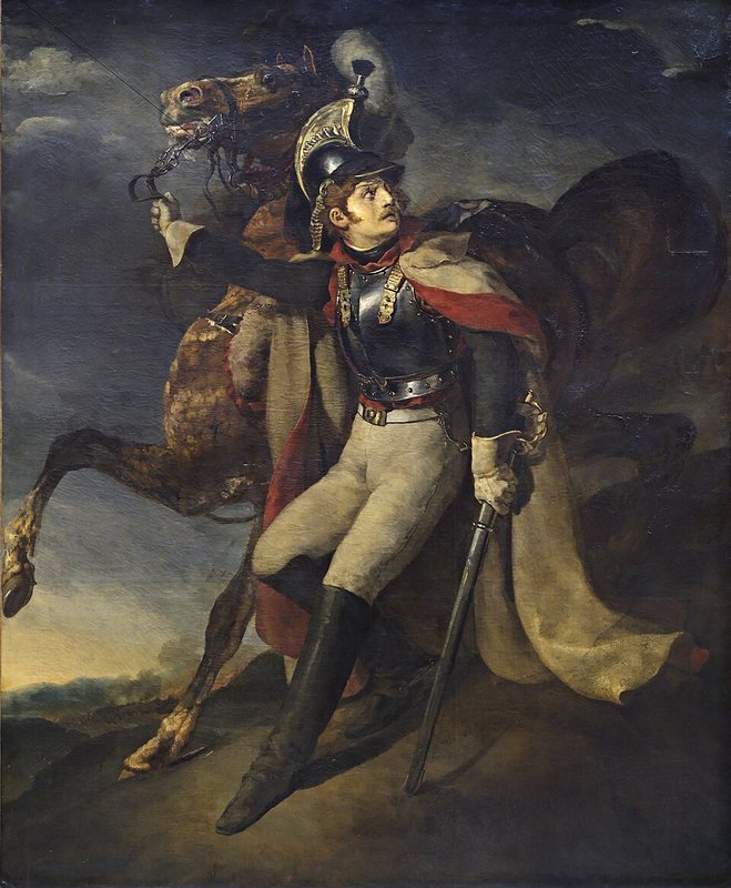 Raněný kyrysník od Théodora Géricaulta, 1814 – voják v kyrysu a přilbě sestupuje se šavlí ze svahu a vede za uzdu koně