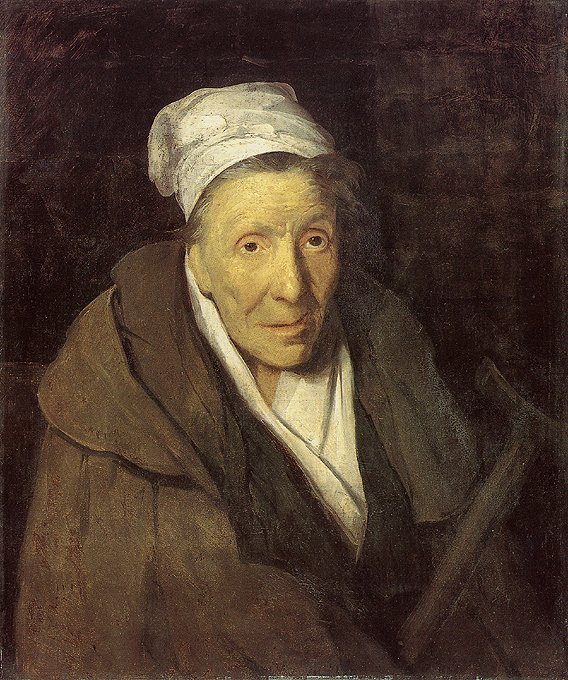 Šílená hráčka od Théodora Géricaulta, kolem 1819–1822 – stará žena v bílém čepci a hnědém plášti s nepřítomným pohledem