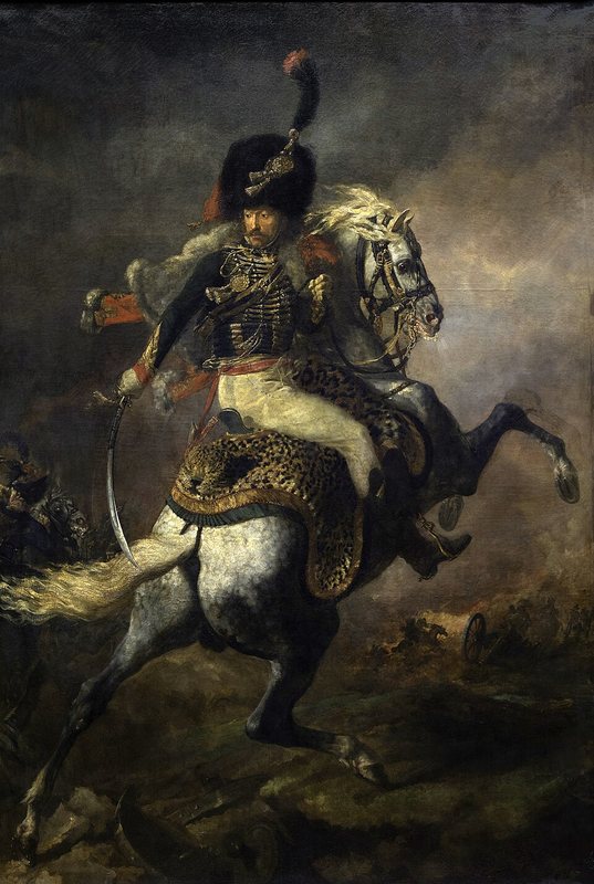 Útočící myslivec od Théodora Géricaulta, 1812 – důstojník císařské gardy na vzpínajícím se grošovaném koni v kouři bitvy