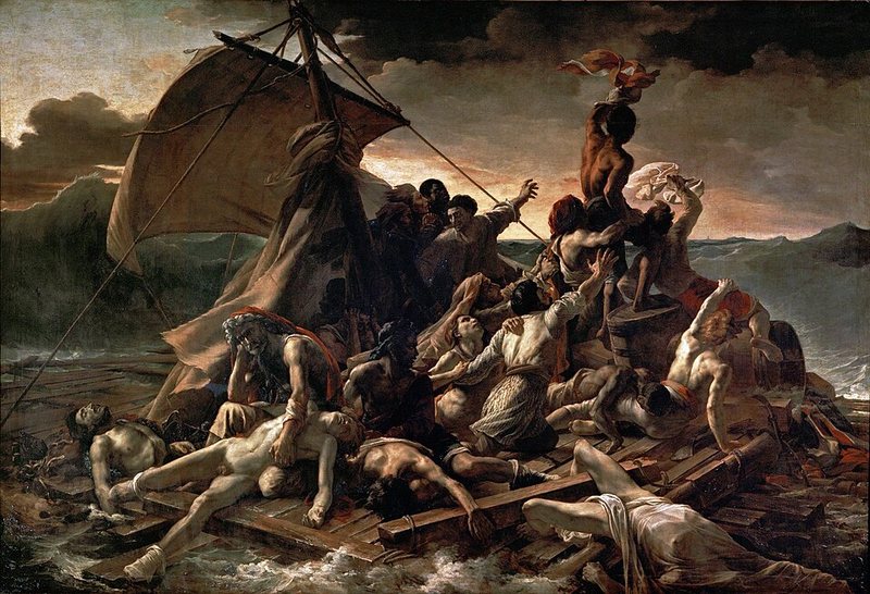 Vor Medúzy od Théodora Géricaulta, 1818–1819 – trosečníci na voru uprostřed vln, nahoře muž mává látkou na vzdálenou loď
