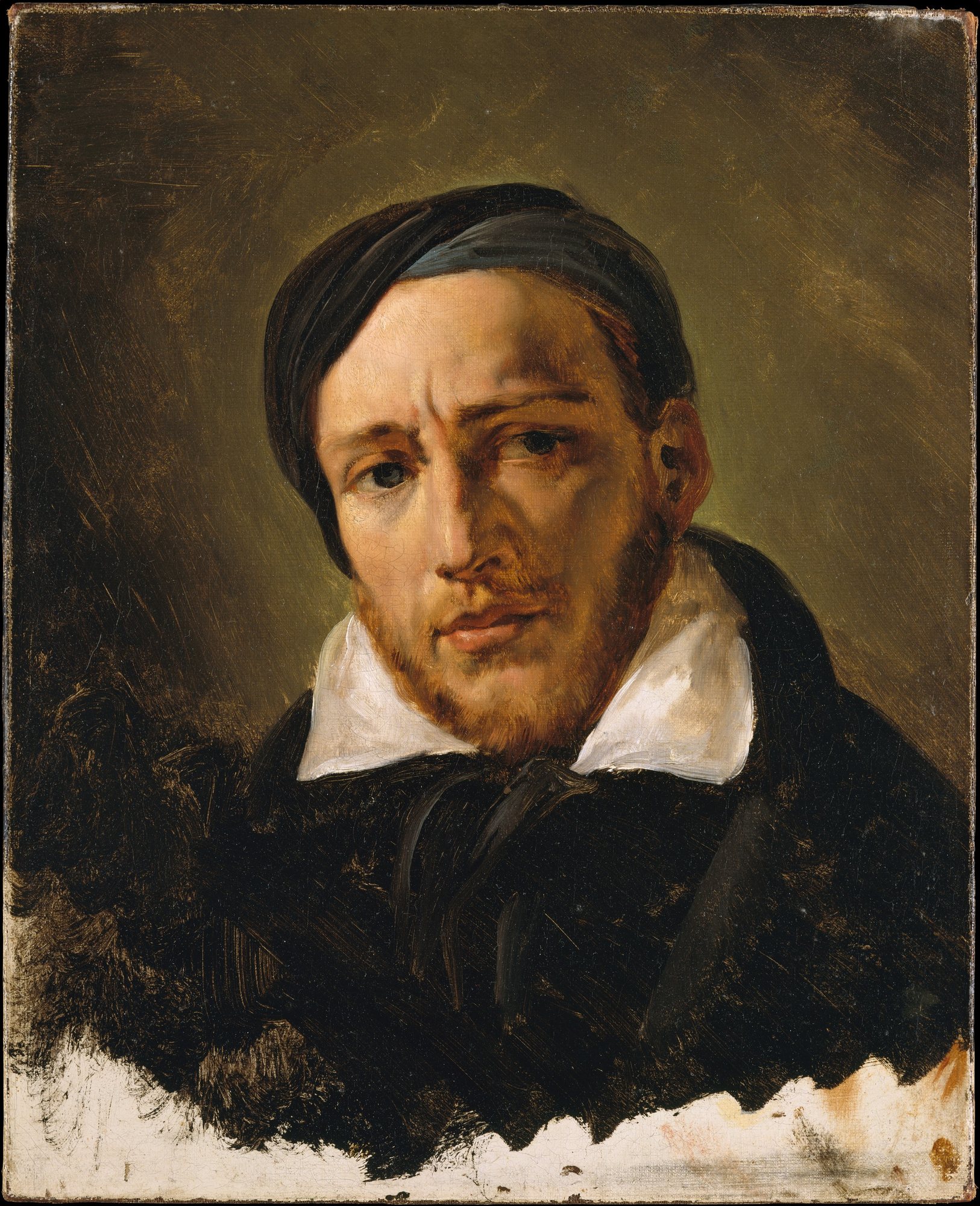 Portrét Théodora Géricaulta od Horace Verneta, asi 1822–1823 – mladý muž s tmavým šátkem na hlavě a bílým límcem, zamyšleně hledí stranou