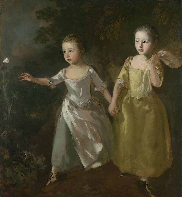 Dcery malíře honí motýla od Thomase Gainsborougha, kolem 1756 – dvě malé dívky v šatech se drží za ruce, mladší natahuje ruku po motýlovi